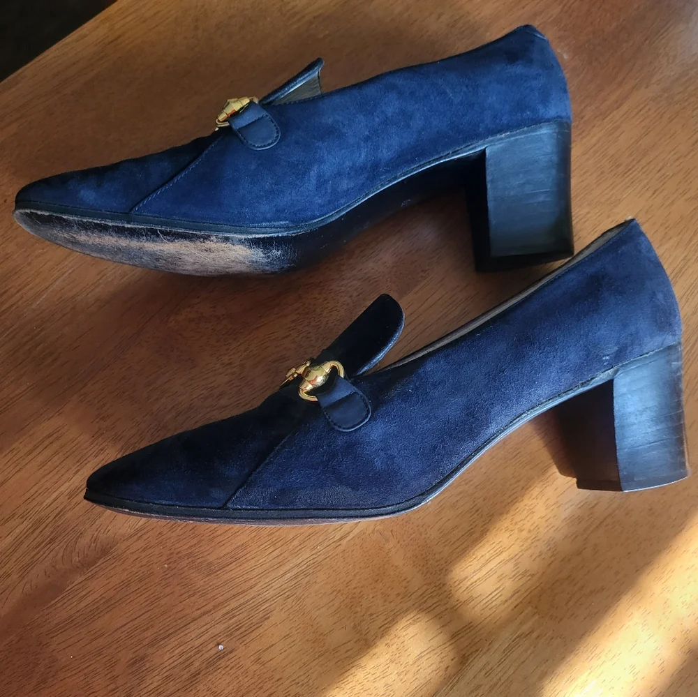 Gucci blue/gold slip on suede loafers size 7 - Picture 2 of 8
